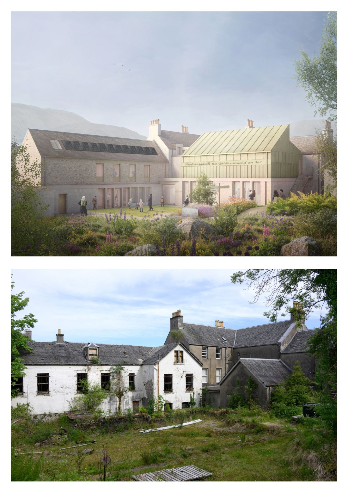 An architectural visualisation of the new-look west highland museum, showing a gleaming modern transformation of the back of the building. It now includes an atttractive grassy outdoor space.